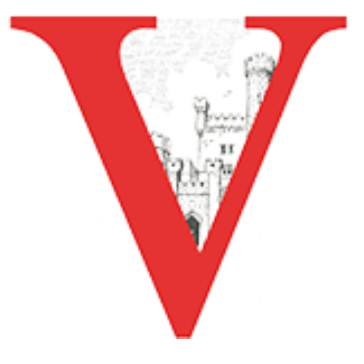 Large red letter V with a faint castle illustration inside on a white background