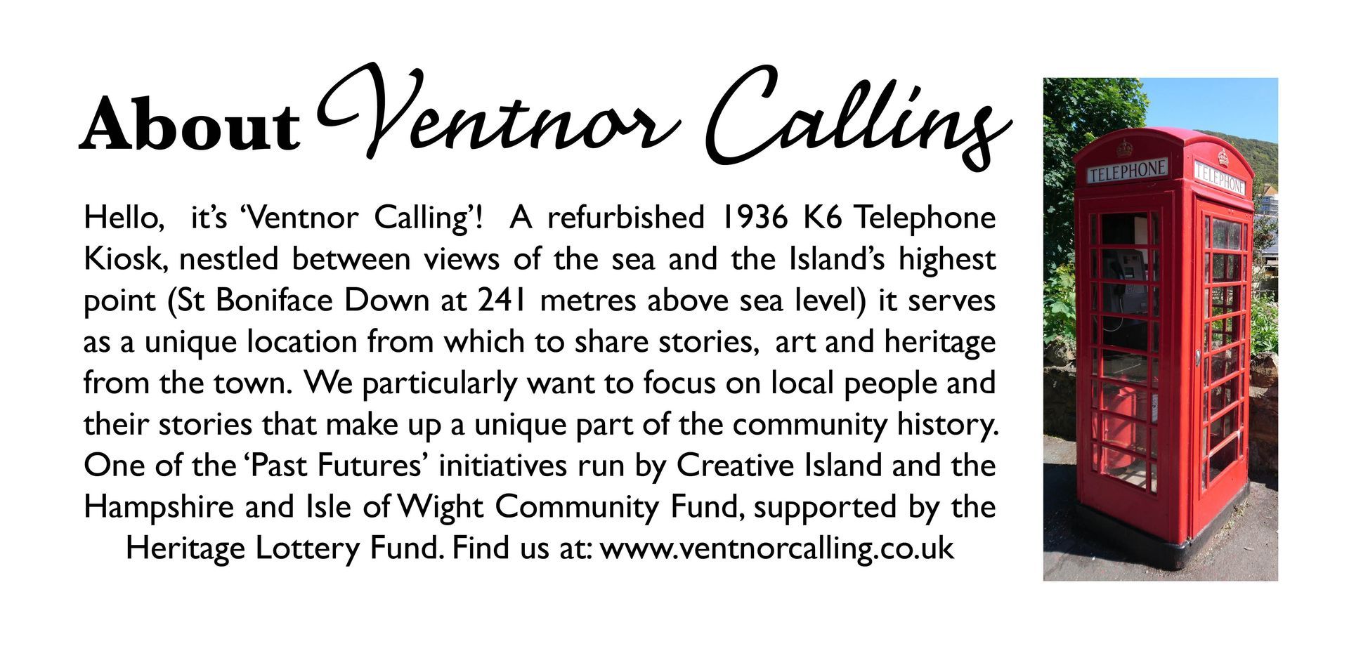 About Ventnor Calling with red phone booth and event text on white poster