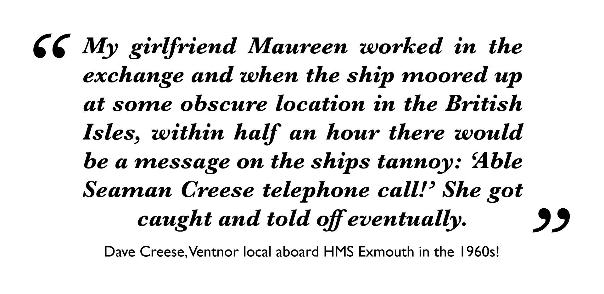 Quote about Maureen working in the British Isles and a Seaman Creese telephone call.