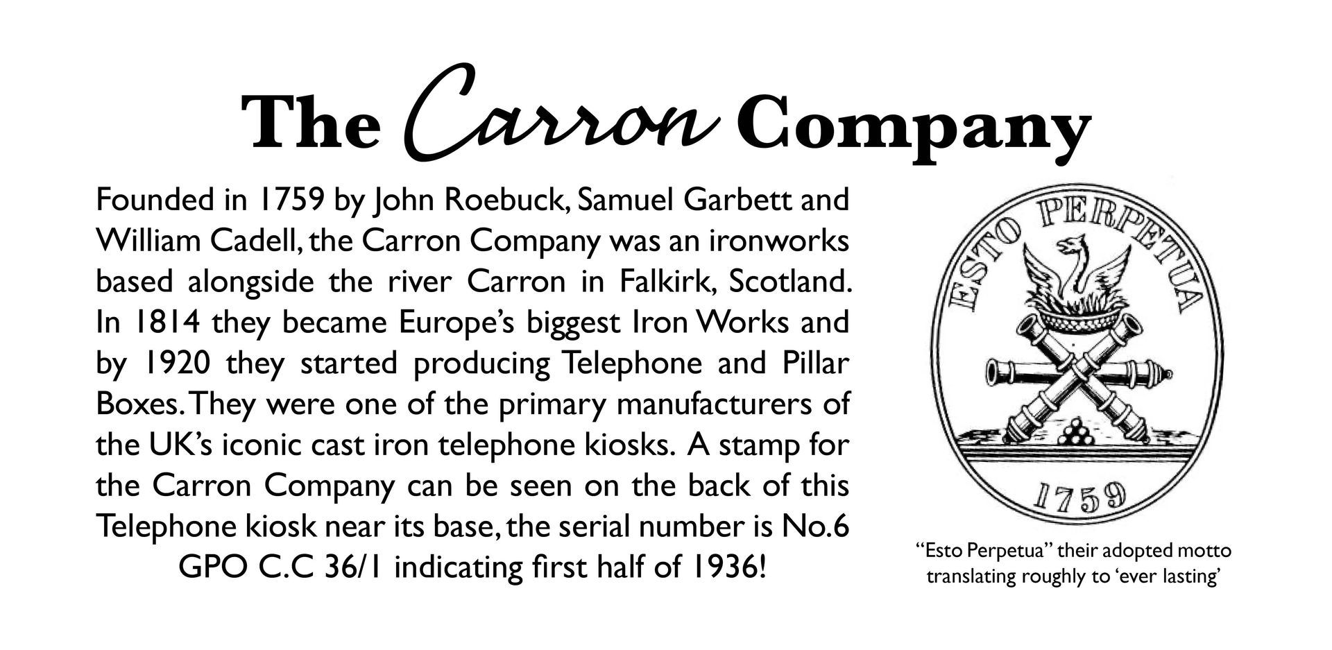 Black-and-white ad for The Carron Company with logo seal and text about cast iron products and location