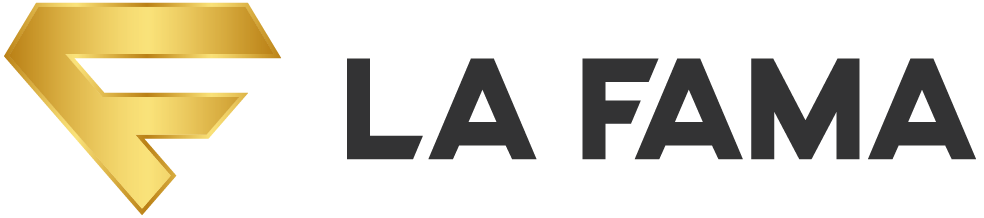 Un logotipo de La Fame con un diamante dorado en el medio.