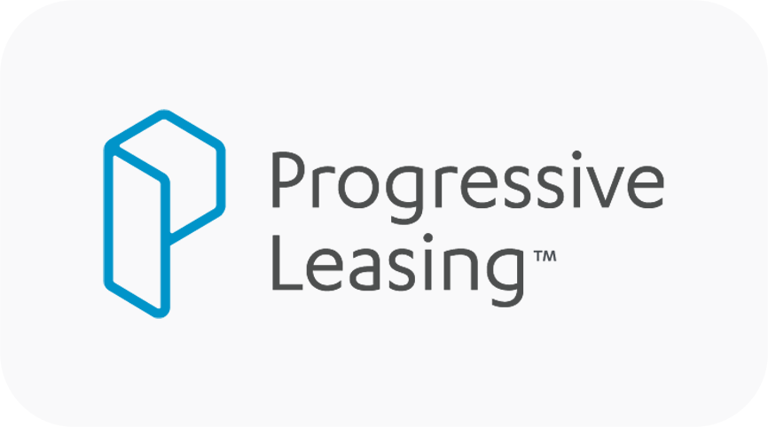 El logotipo de Progressive Leasing es un logotipo azul y blanco sobre un fondo blanco.