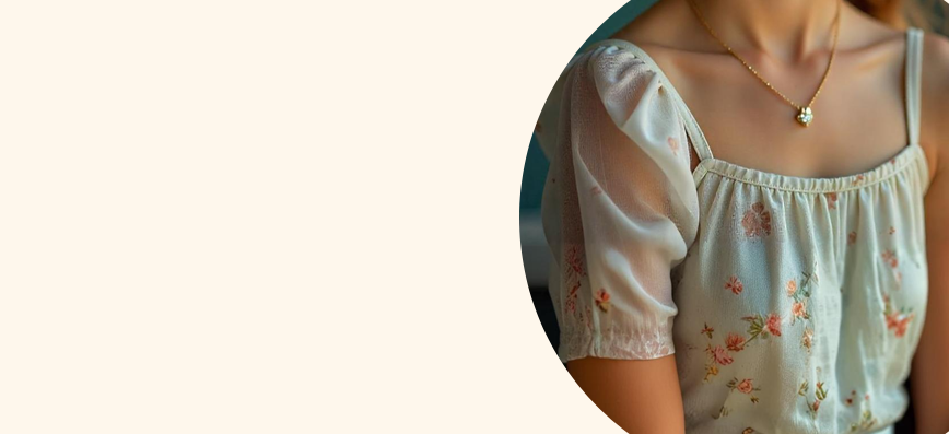 Una mujer lleva una blusa blanca con flores y un collar.