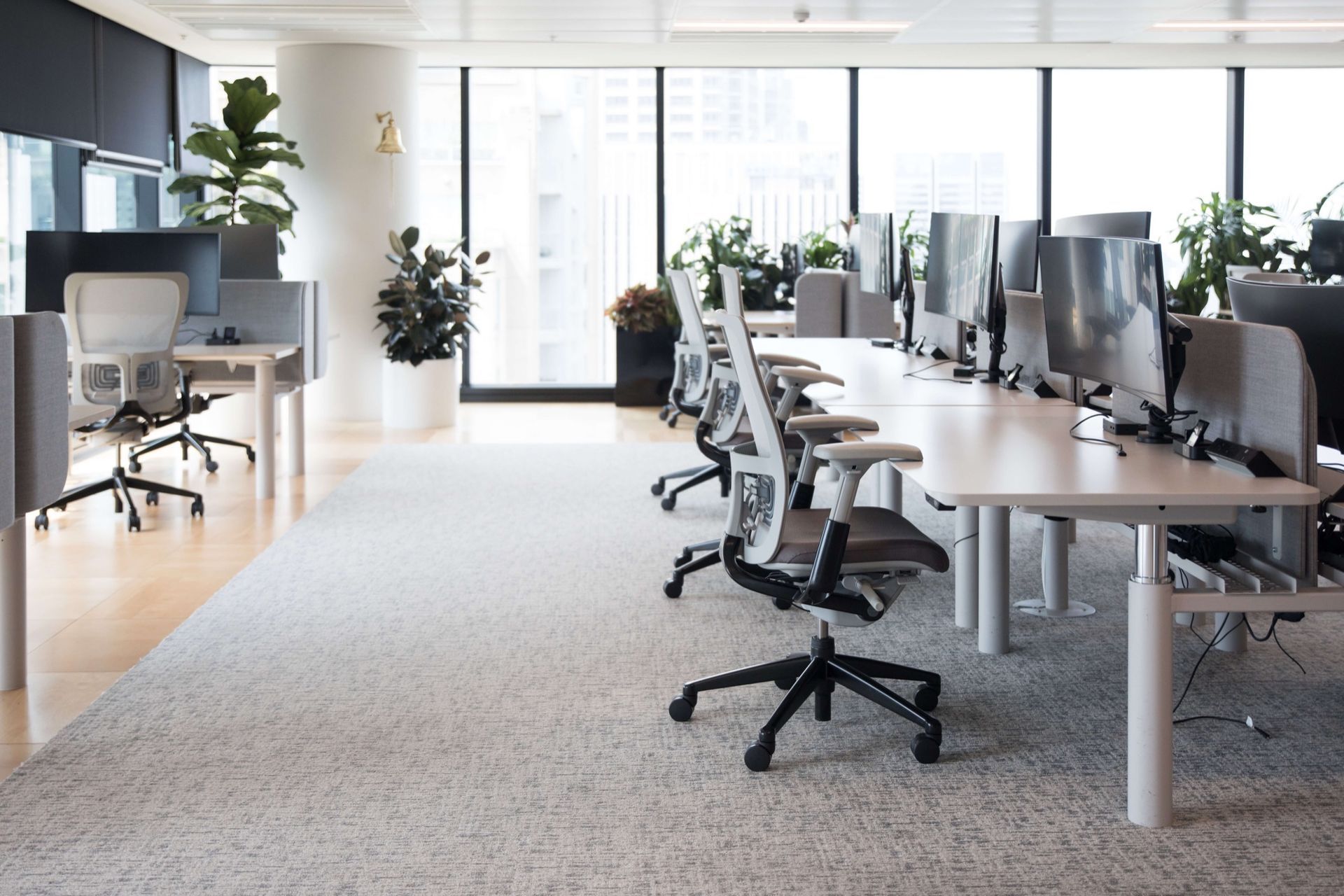 A brightly lit, modern office with rows of desks, ergonomic chairs, computer monitors, and indoor plants.