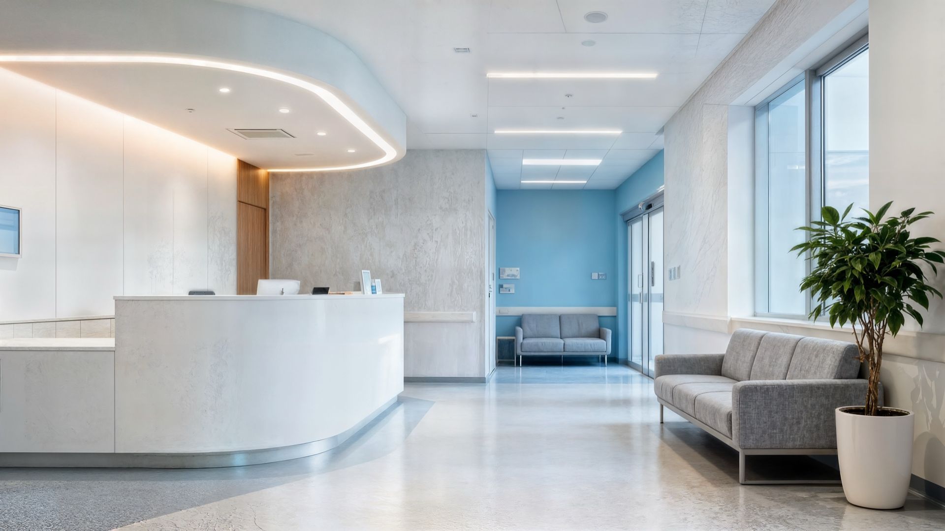 A Modern, Bright Hospital Reception Area with A Curved White Desk, a Gray Sofa, and A Potted Plant by A Large Window.