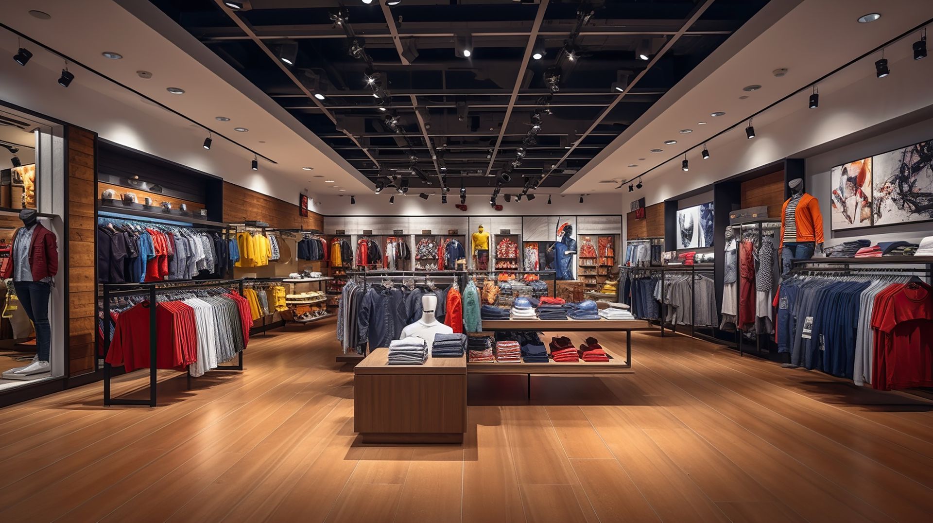 Modern, Well-Lit Clothing Store with Racks of Colorful Apparel, Wooden Flooring, and A Central Display Table.