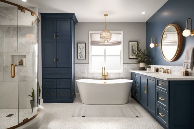 Elegant navy-and-white bathroom with freestanding tub, glass shower, and gold fixtures