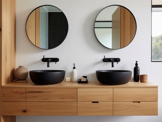 Modern bathroom vanity with double black sinks, round mirrors, and light wood cabinetry