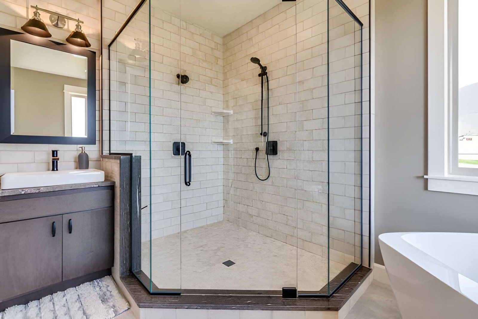 Modern bathroom with glass-enclosed hexagonal shower, white subway tile, and vanity mirror