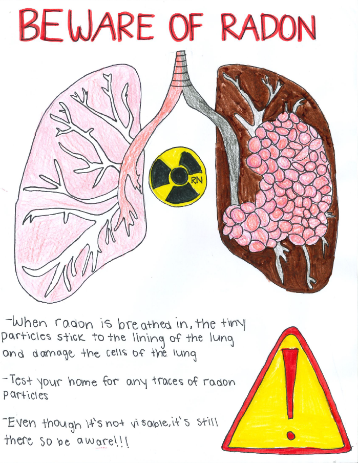 Poster illustrating radon health risks: two lungs, one healthy, one damaged, a radiation symbol, and an alert warning sign.