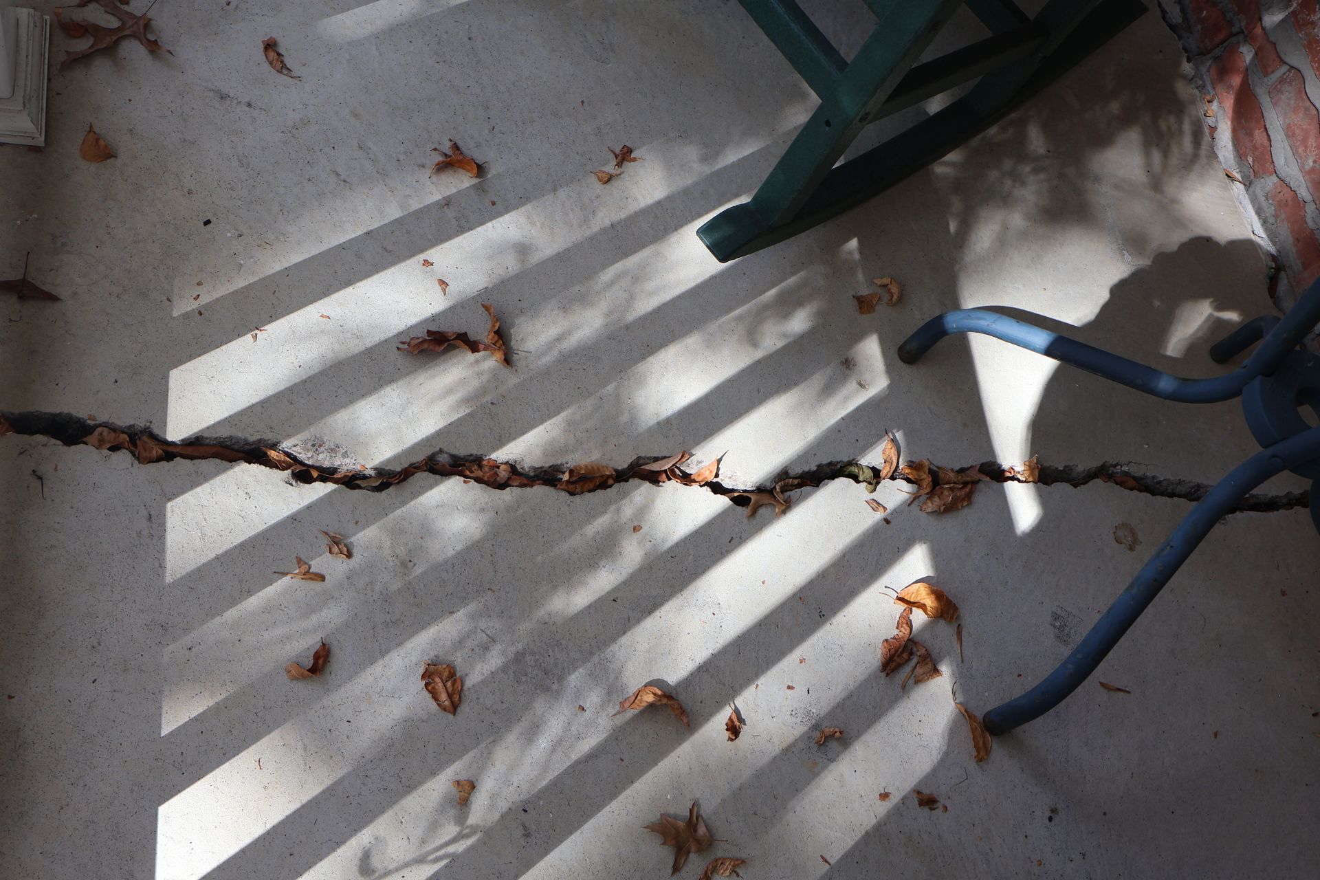 A long, dark, twisted vine or rope rests on a concrete patio, crisscrossed by shadows from a nearby railing.