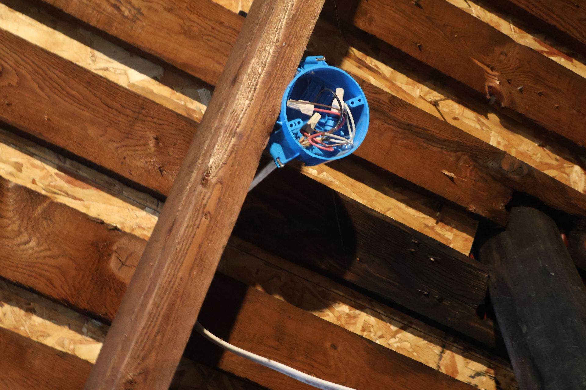 A blue electrical box mounted to a wooden rafter in an unfinished attic, with white electrical wiring inside.