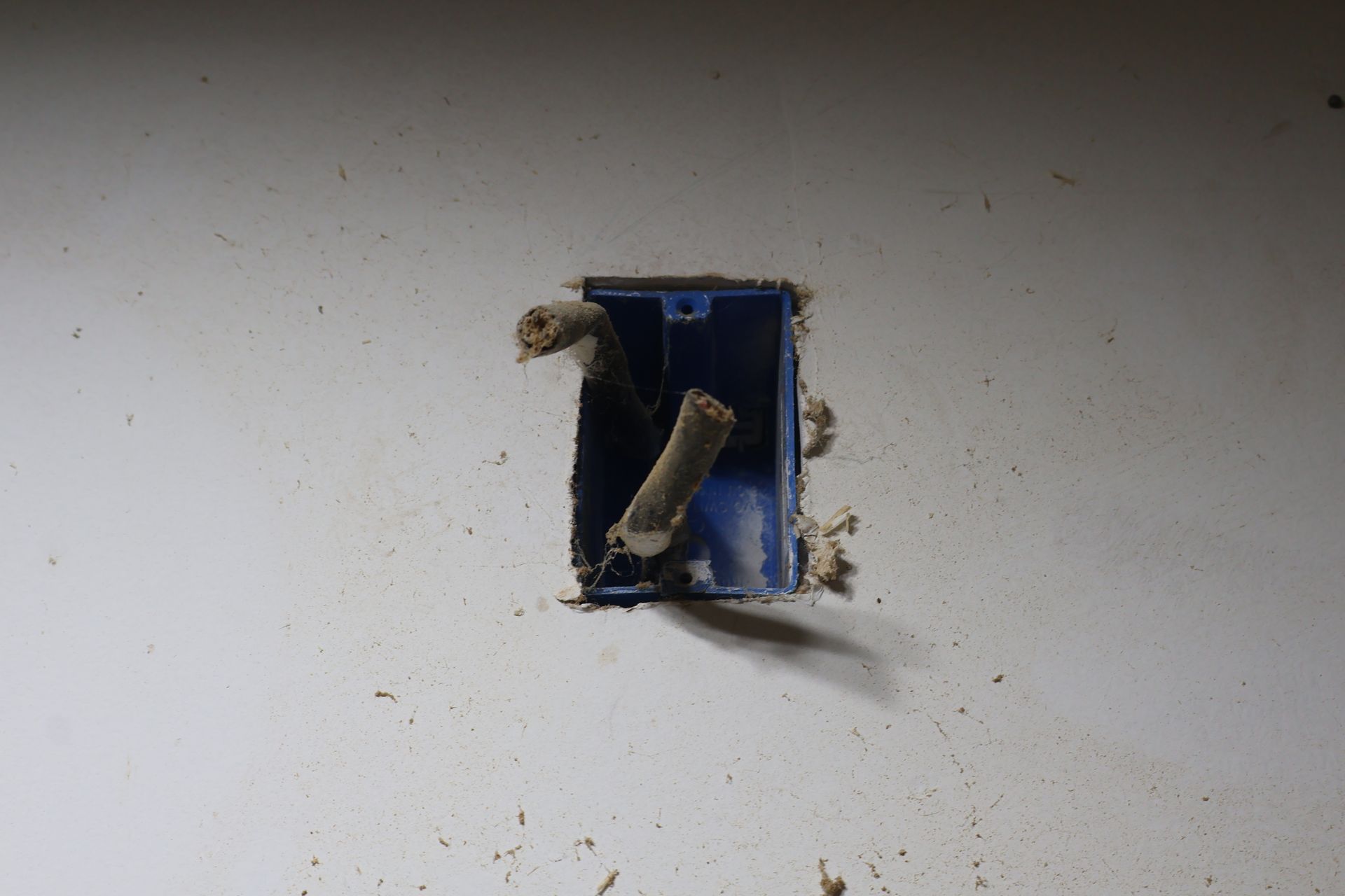 A blue electrical junction box set into a white drywall surface, with two electrical cables protruding from inside.