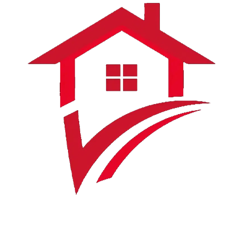 Red house icon combined with a checkmark symbol on a white background.