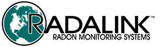 Logo for Radalink Radon Monitoring Systems featuring a teal globe icon next to the company name in black text.
