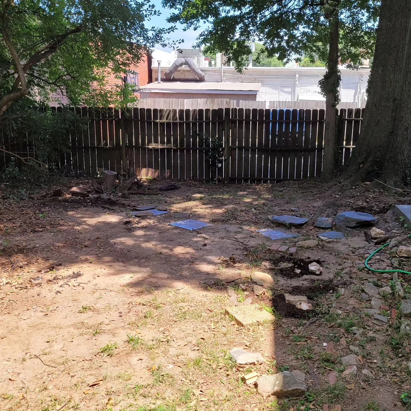 Backyard with brown dirt, stepping stones, wooden fence, trees, and sunlight.