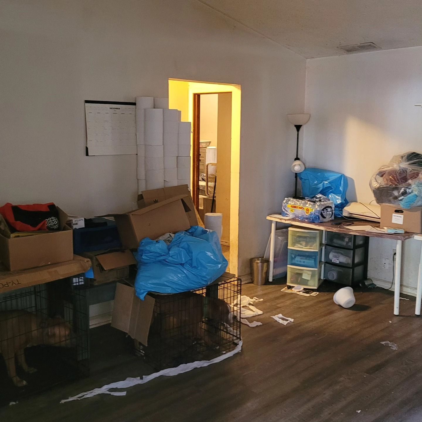 Cluttered room with cardboard boxes, blue trash bags, and a work table. A doorway leads to another room.