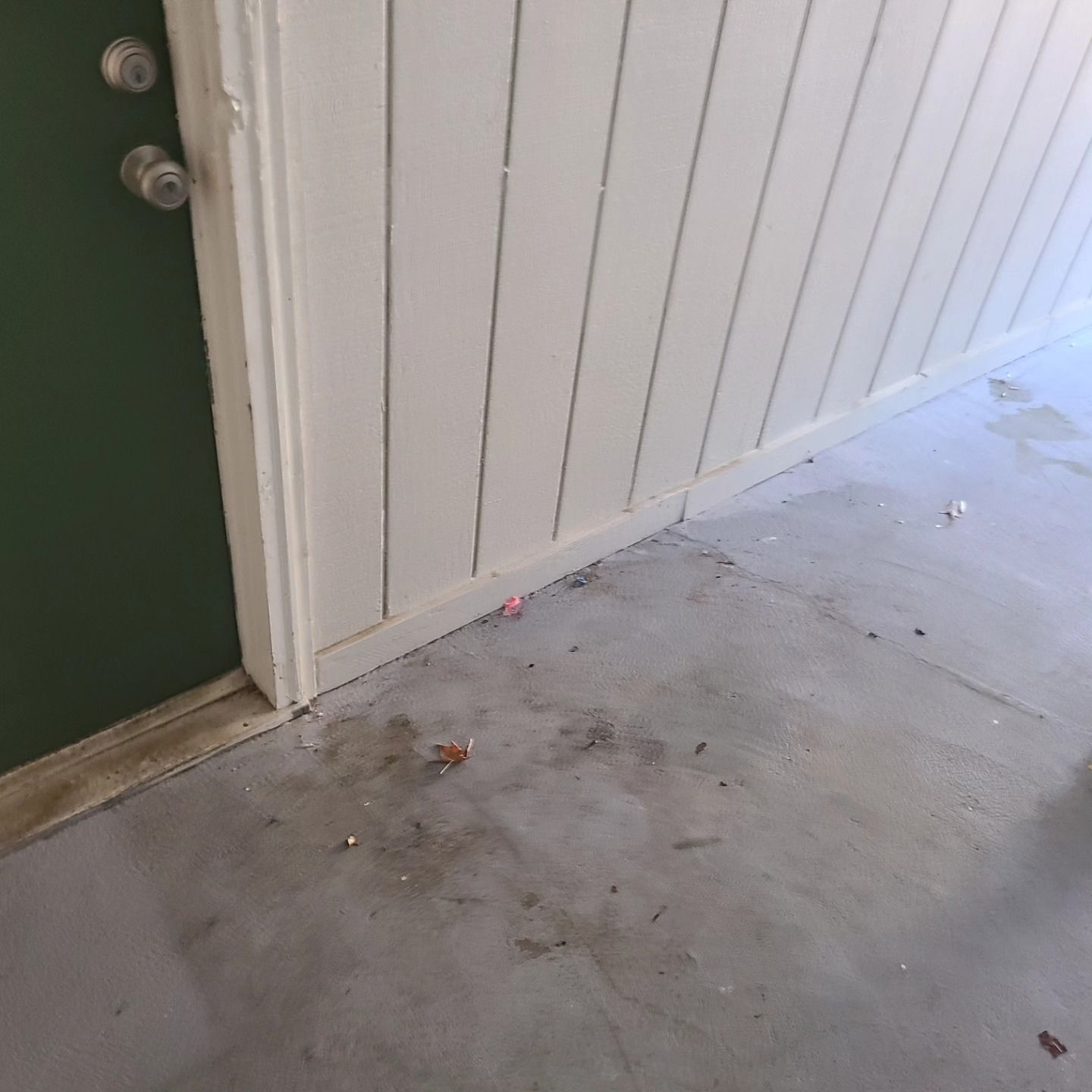 Green door beside a white-paneled wall, concrete floor with debris.
