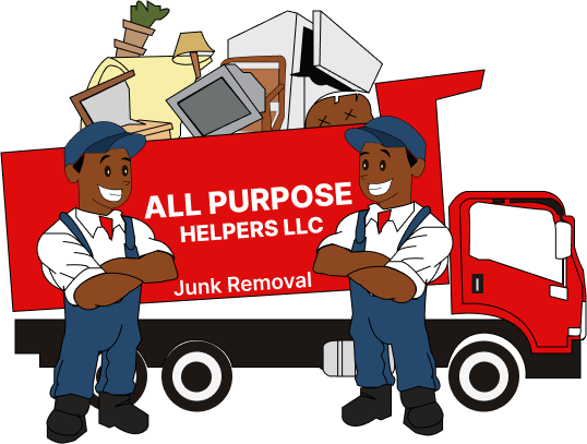 Two men in overalls standing in front of a red truck loaded with junk; company logo: "All Purpose Helpers LLC."