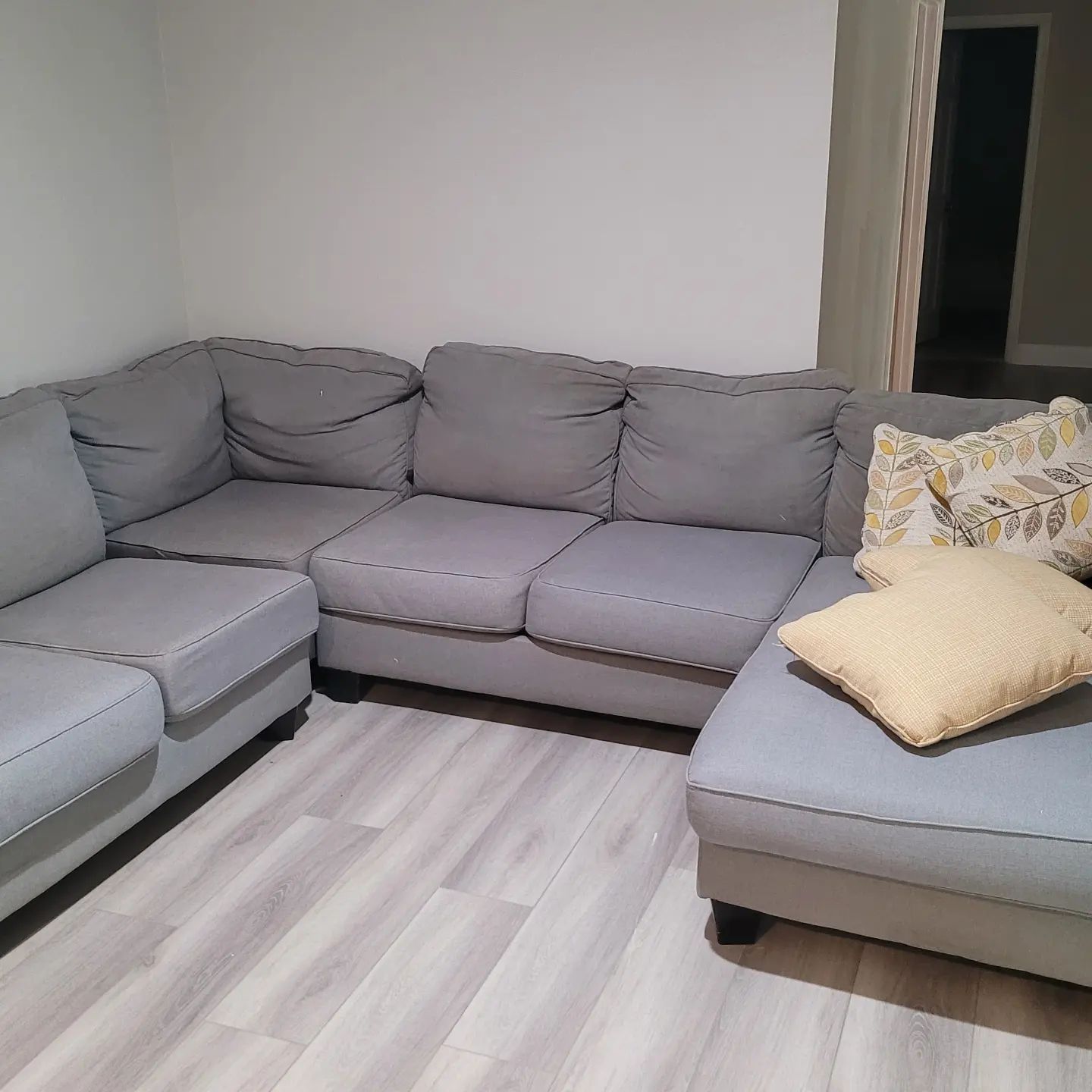 Gray sectional sofa in a room with light wood-look flooring, two pillows on the ottoman.
