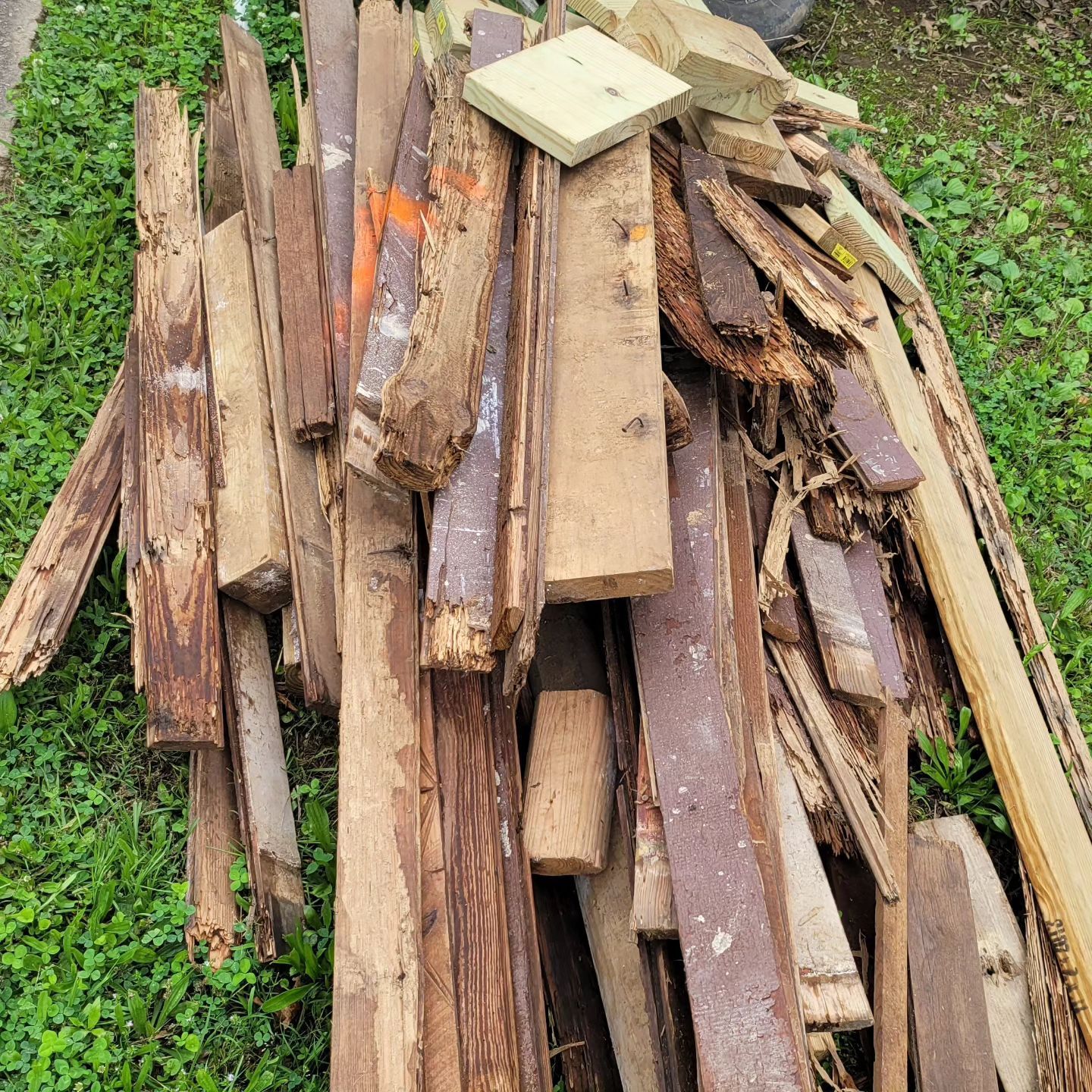 Pile of weathered, splintered wood scraps on green grass. Some pieces have orange paint.
