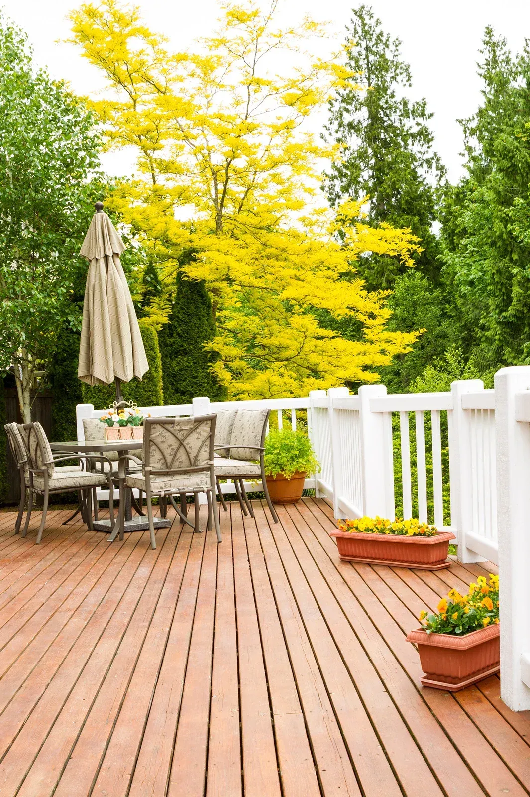 Wooden deck with outdoor dining set and potted plants, framed by a white railing and trees.