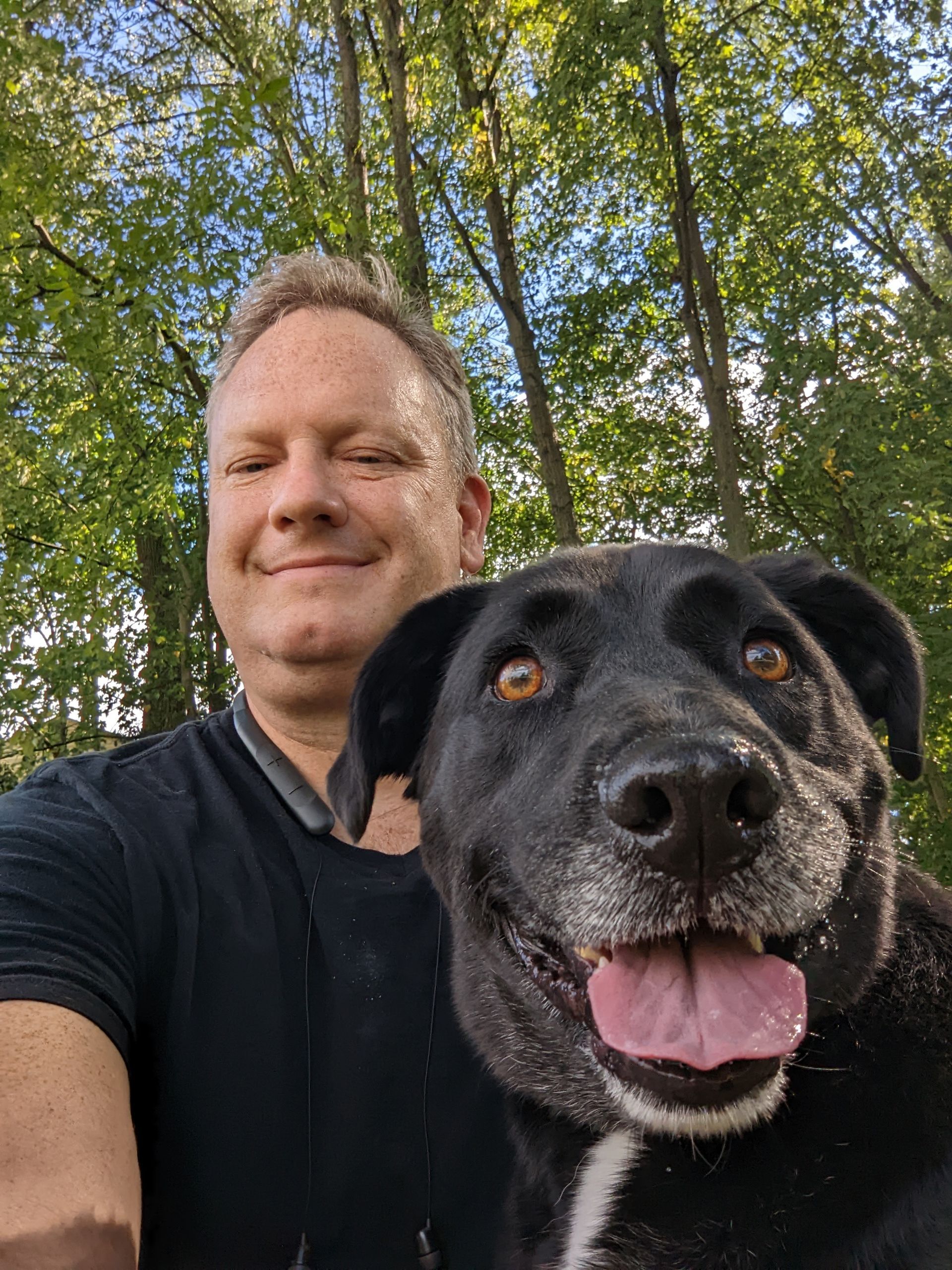 Dog trainer in Ann Arbor MI. A selfie of a smiling person and a happy black dog with a white chest patch outdoors in front of tall green trees.