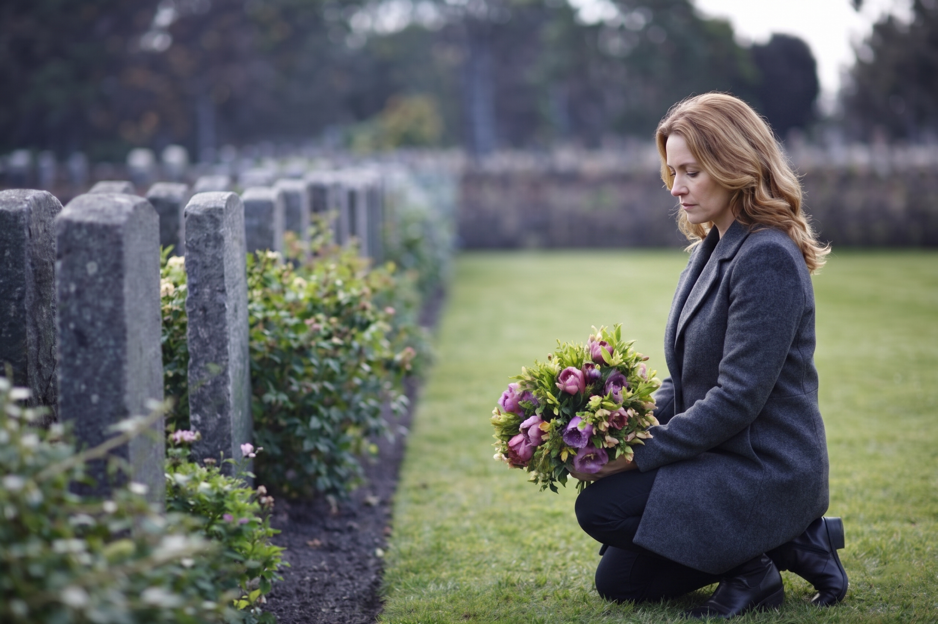 A man is holding a white rose in his hand at a funeral.