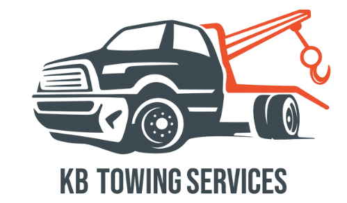 Logo for KB Towing Services: gray tow truck with orange crane and hook. Text 