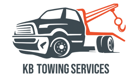 KB Towing Services logo: Gray tow truck with orange tow arm and hook.
