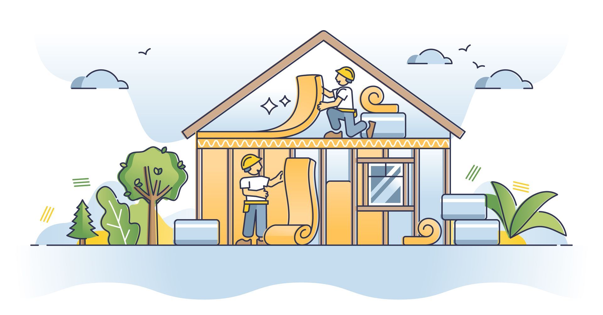 Two people working together inside a cozy house, with one painting the roof and one using a laptop.