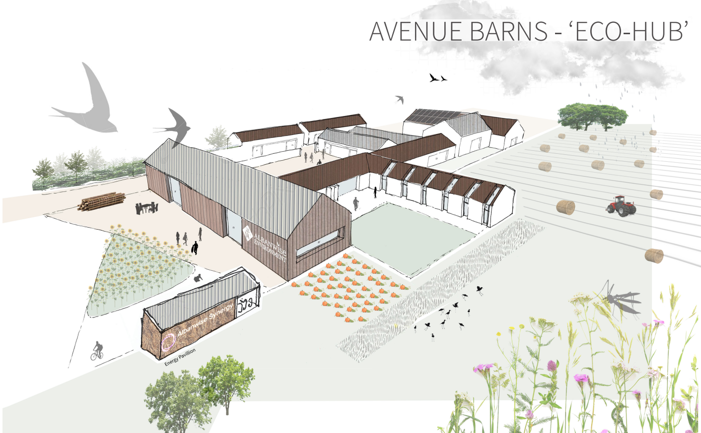 Architectural rendering of a white eco-hub building with trees and birds, labeled “AVENUE BARNS ECO-HUB”