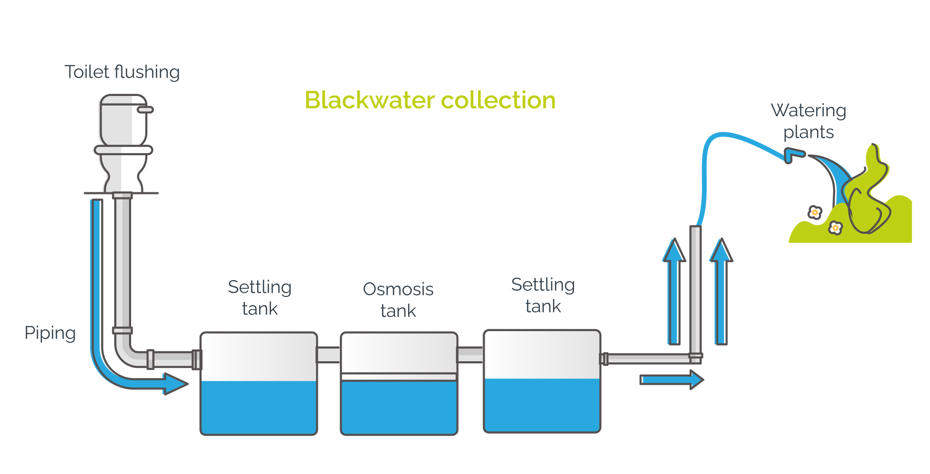 Diagram of wastewater collection: pipes, settling tanks, pump, and water outlet to a field
