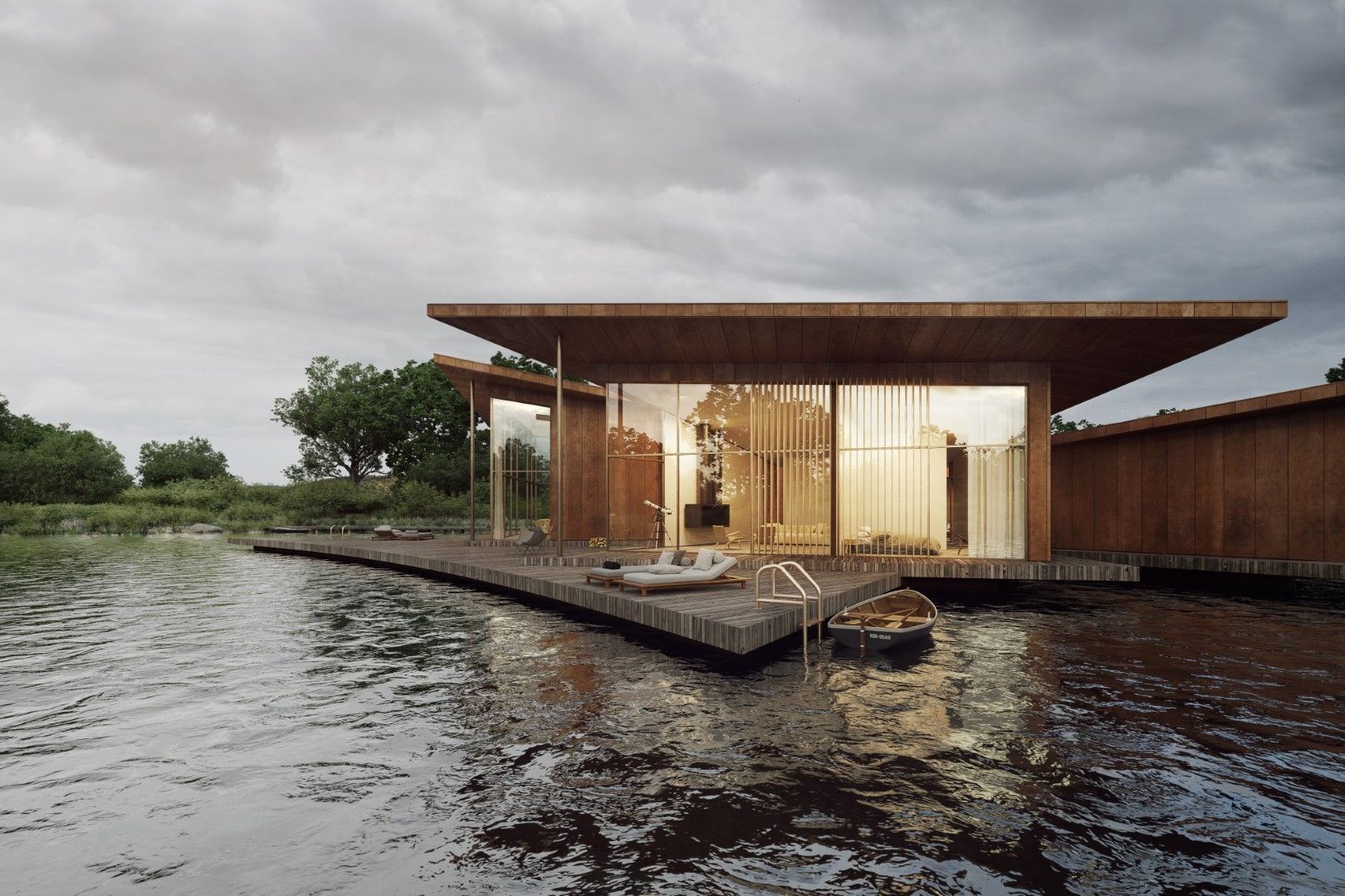Modern glass cabin on stilts over water under a cloudy sky