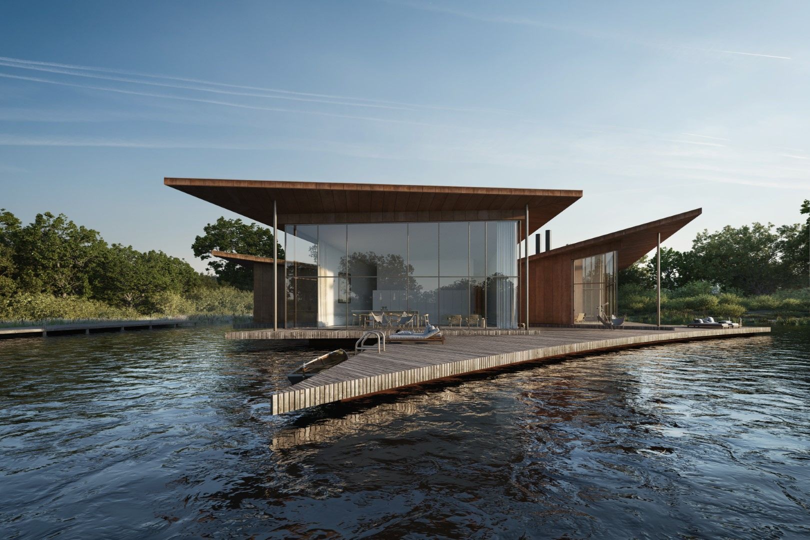 Modern floating house with wide overhanging roof on a reflective waterway at sunset
