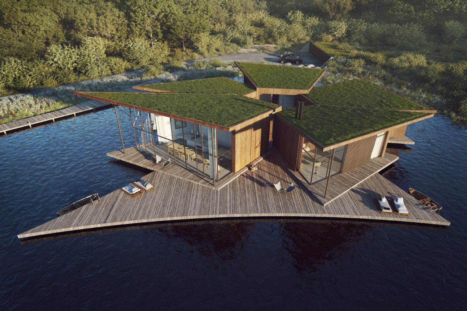 Modern floating house with green roofs on calm water, surrounded by trees and docks