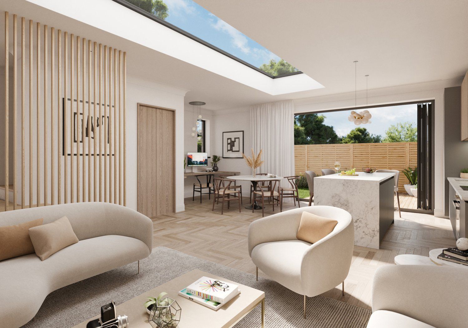 Bright modern living room and dining area with cream furniture, wood accents, and open patio view