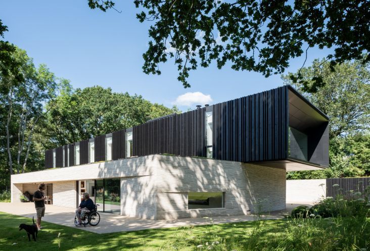 Modern white-and-black house with large windows and trees overhead in a grassy yard