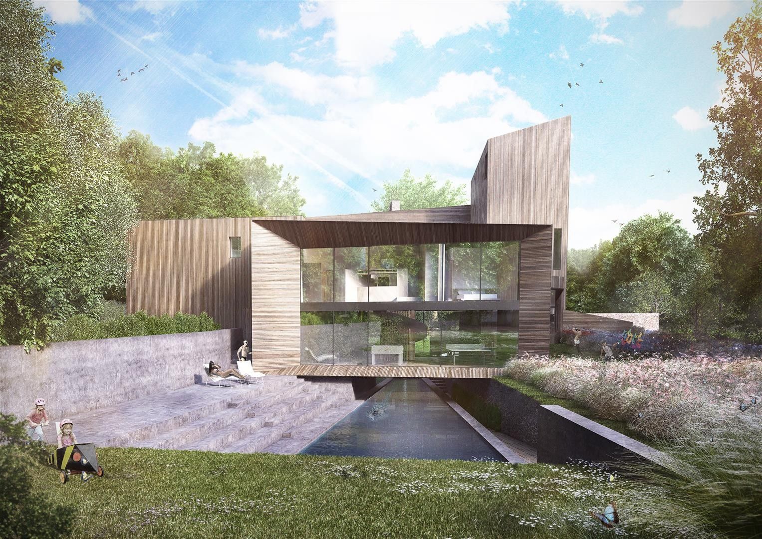 Modern house with wood and concrete facade beside a reflecting pool under a bright sky