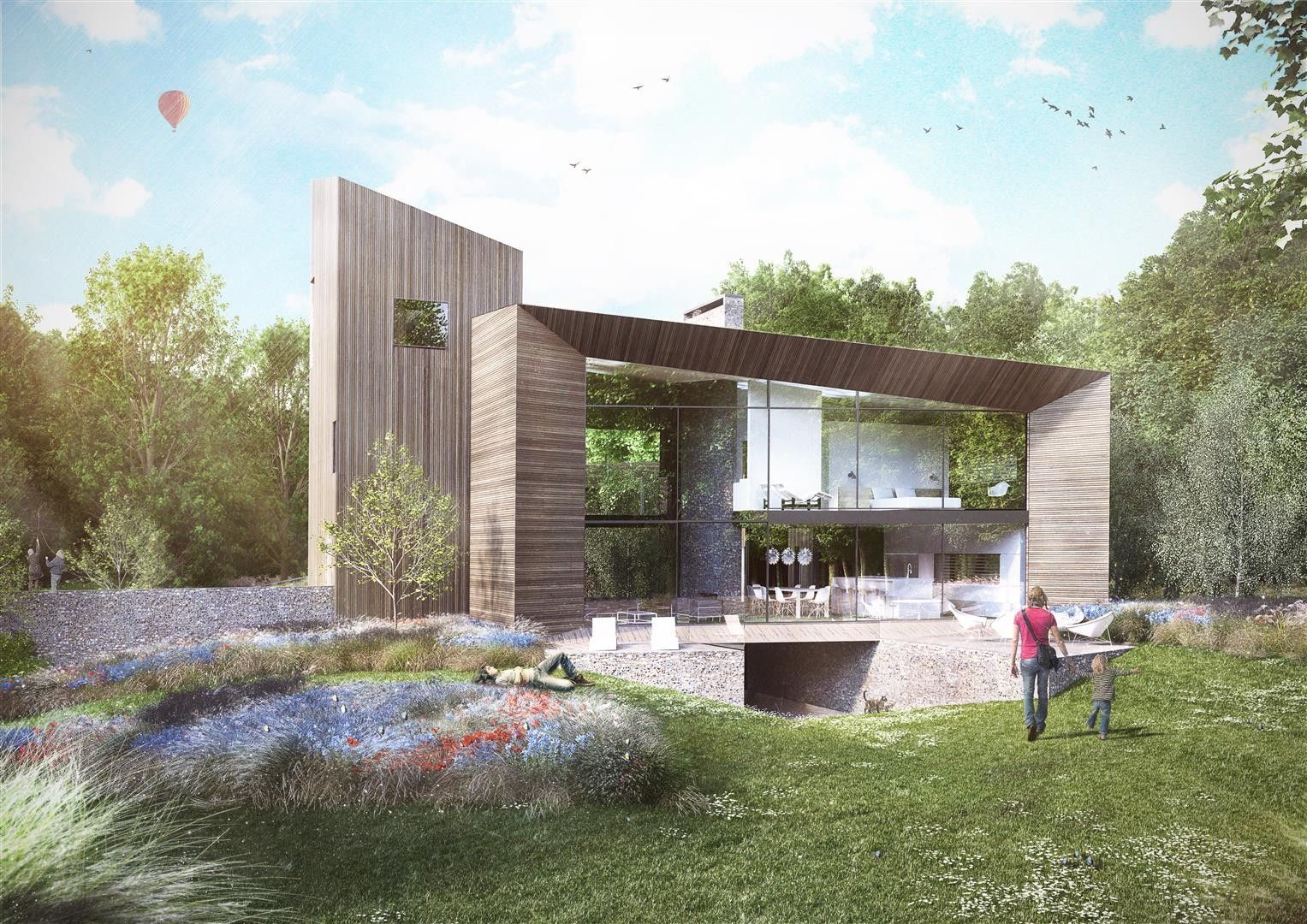 Modern outdoor pavilion with wood-and-glass design in a lush garden, with two people standing nearby