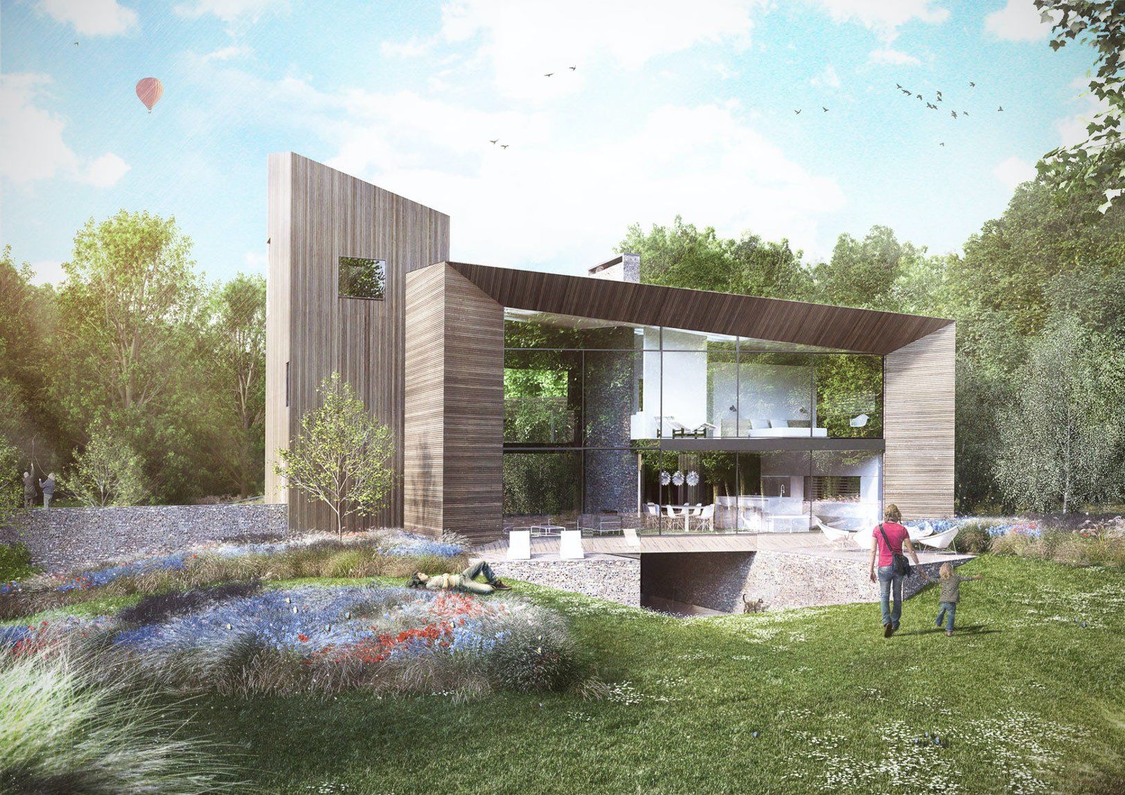 Modern house with large windows and slanted wood walls in a lush green landscape