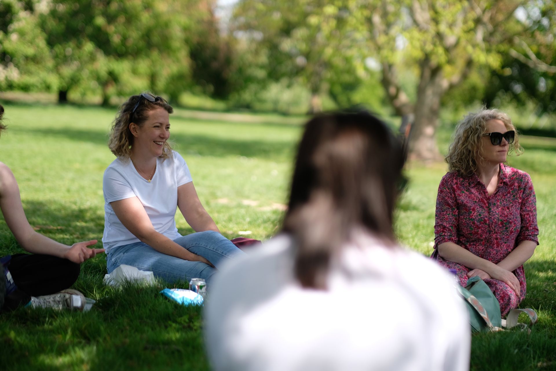 People sitting on grass in a park, with trees and a blurred person in the foreground.