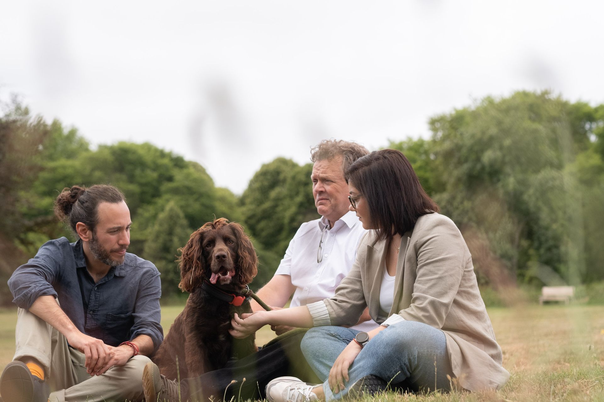 Four people sitting on grass with a brown dog in a park, smiling and petting the dog.