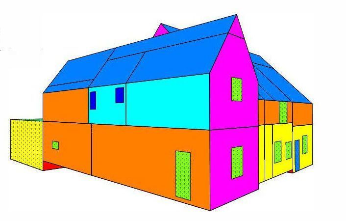 Colorful 3D drawing of a house with blue roof, orange walls, pink side, and yellow windows