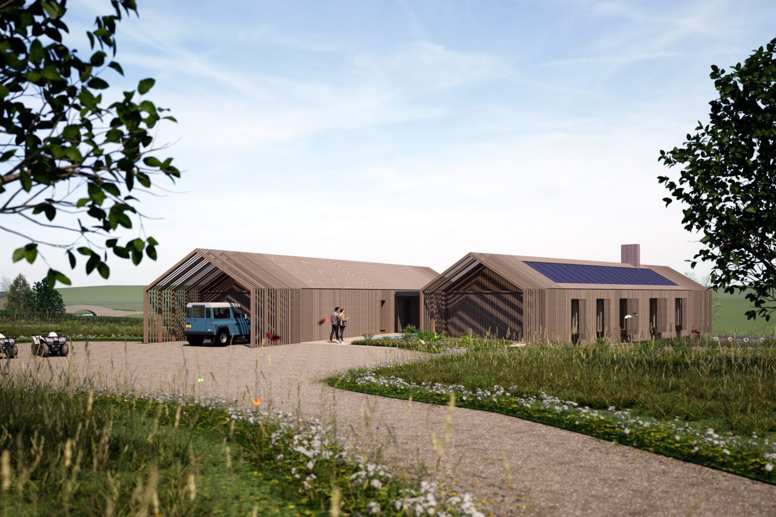 Modern wooden building with a blue truck, gravel path, and fields under a clear sky
