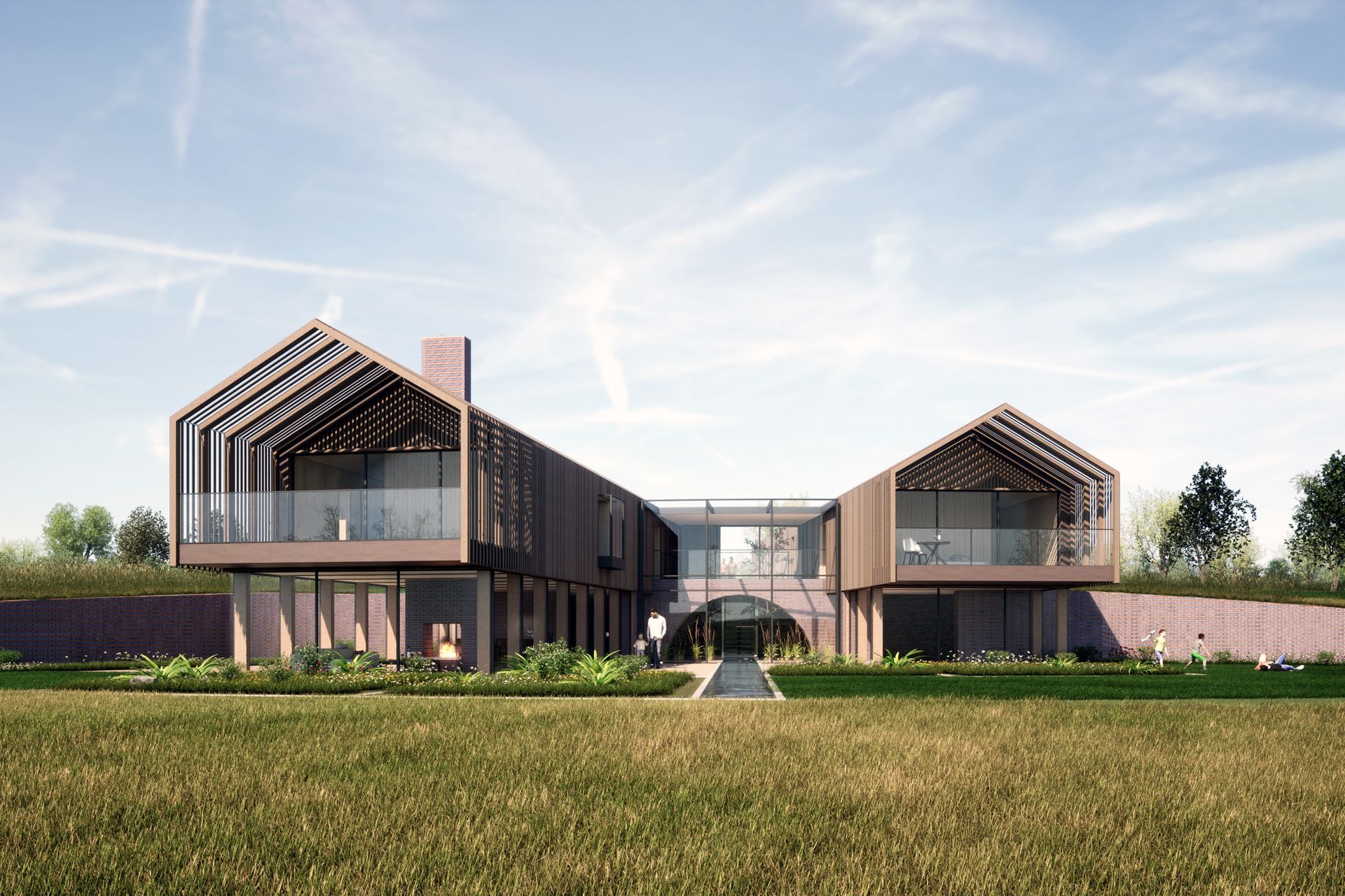 Modern timber house with twin gabled wings and a central entry, set in a grassy field under a clear sky