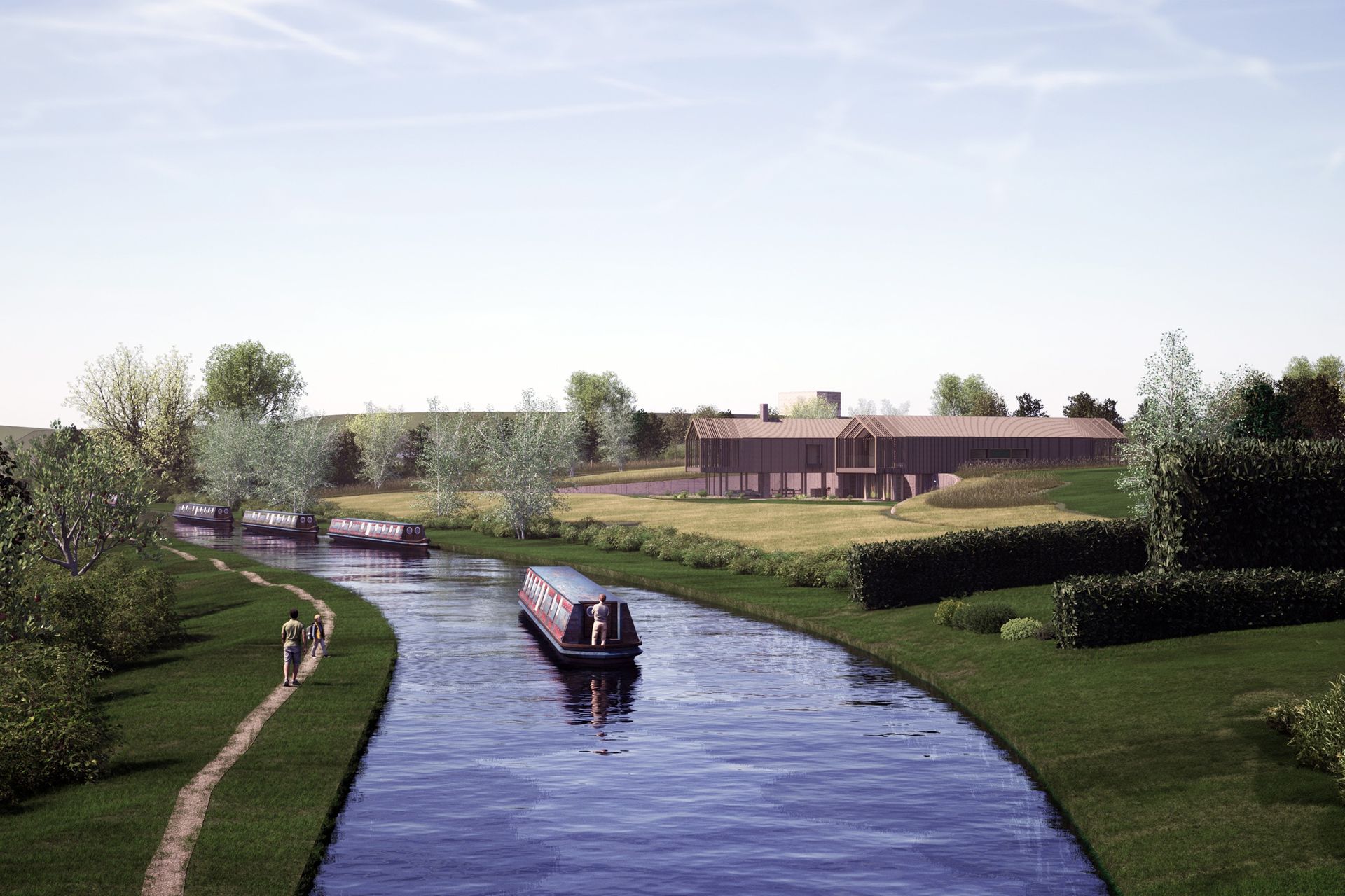 Canal boat on a winding river through green fields with trees and a house in the distance