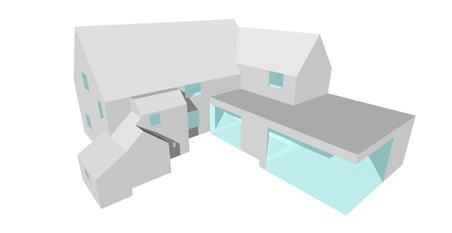 Stylized white building model with gray roofs and light blue windows on a plain background