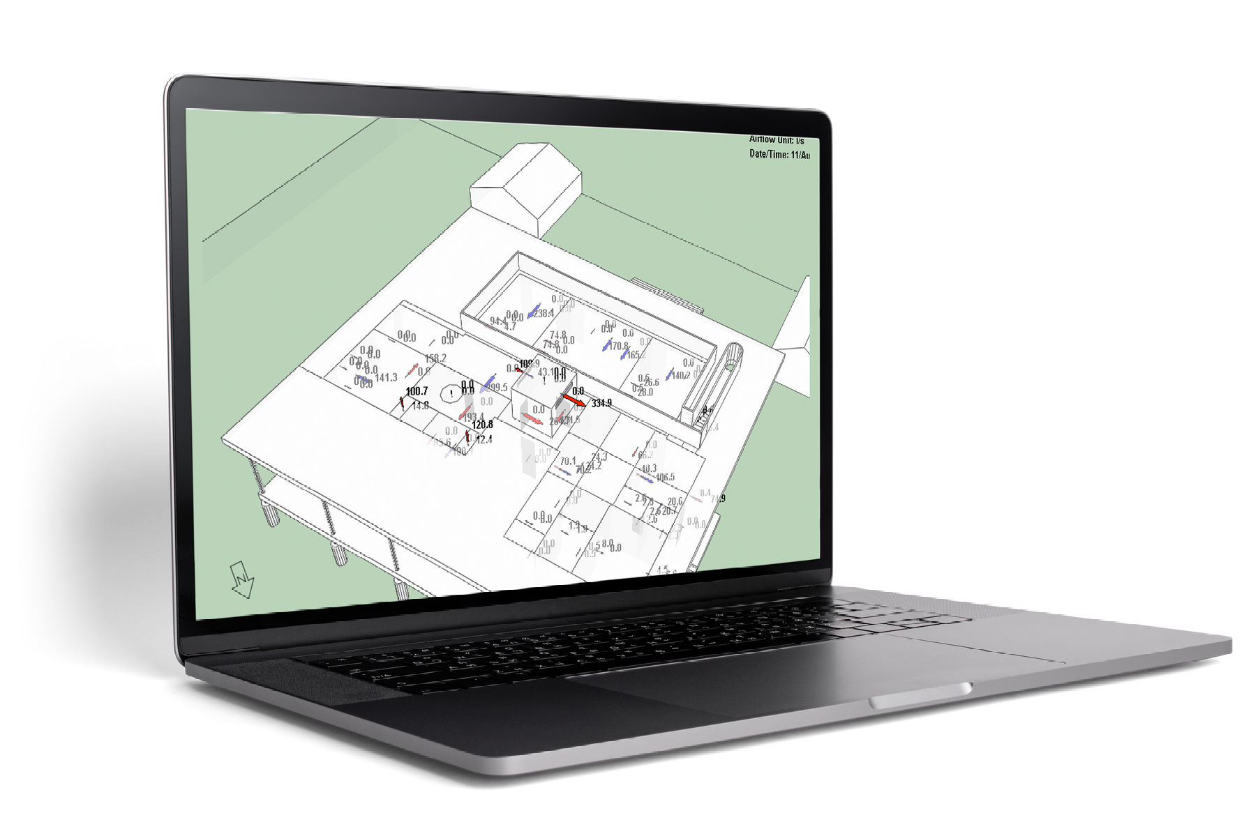 Open laptop displaying a green-screen 3D design sketch on the display