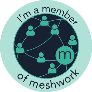 “I’m a member of meshwork” logo in teal and black with connected user icons and an “m” badge